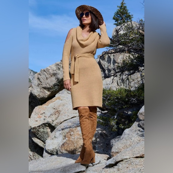 NWT Boston Proper Cold-Shoulder Lurex Cowl-Neck Sweater Dress Tan Gold Medium - Picture 2 of 15
